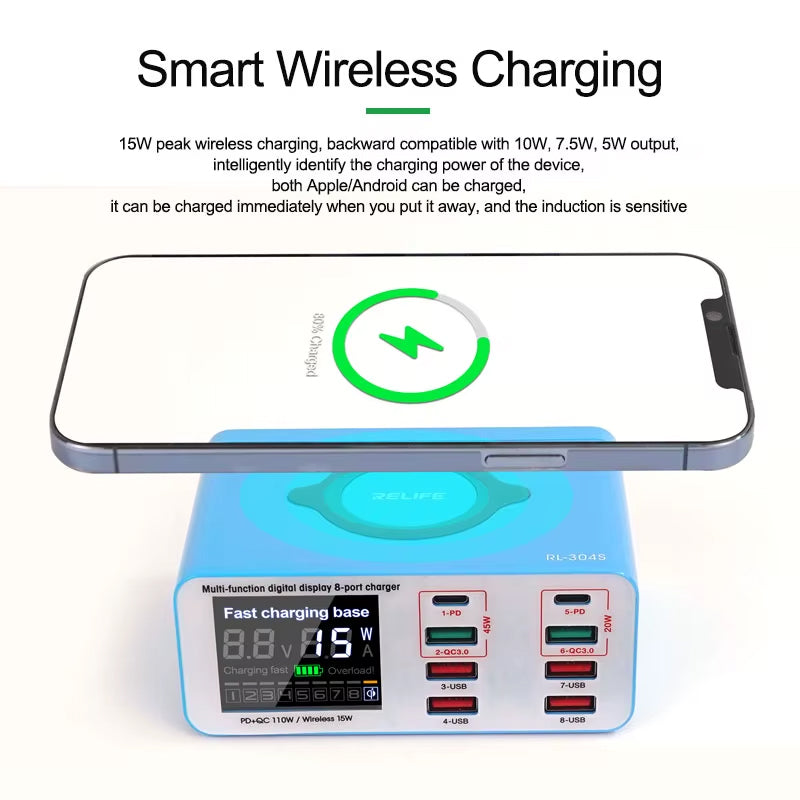 Relife RL-304S QI -latausasema, 110W, 3A, 2 x USB-C - 6 x USB-A, Sininen