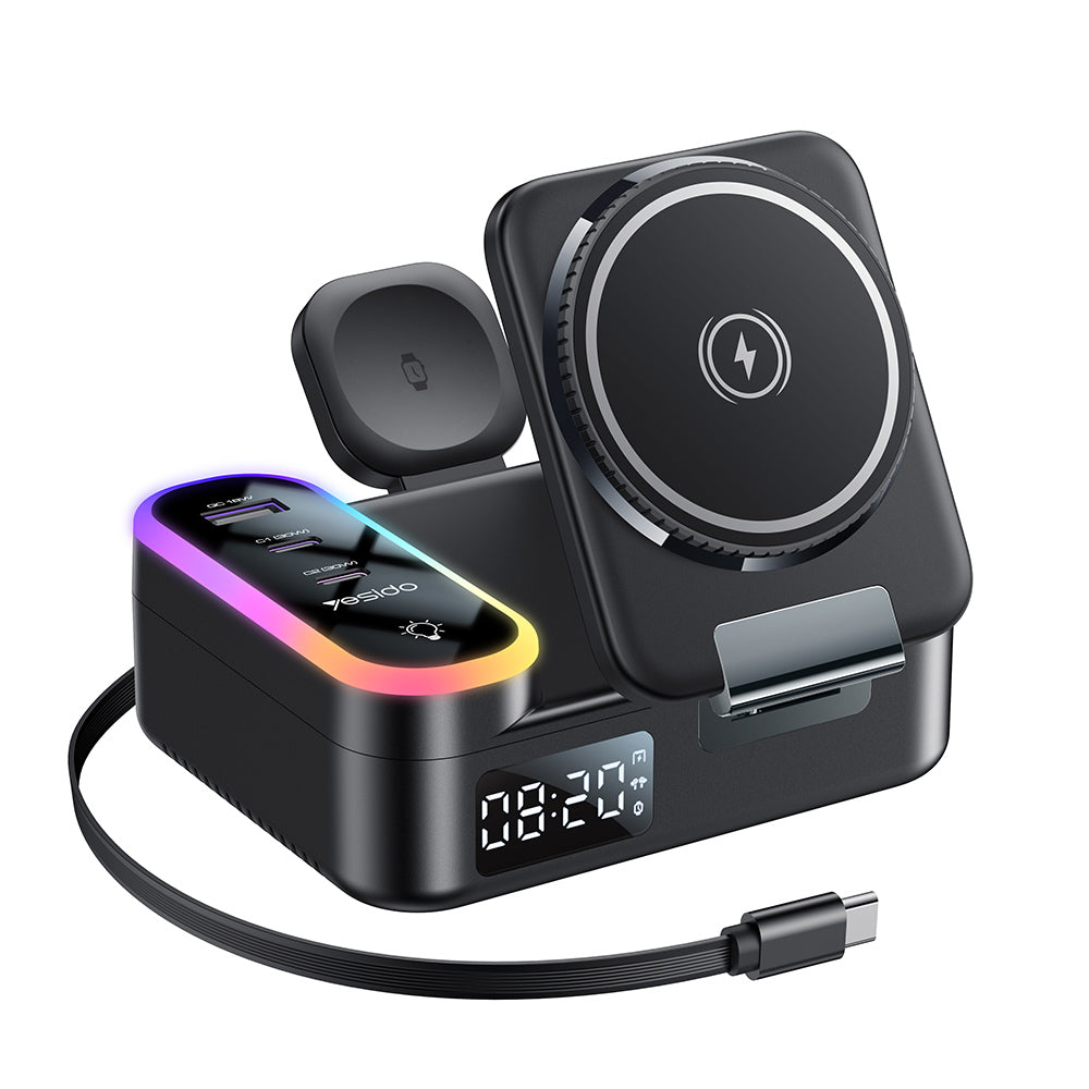 Latausasema Yesido DS38 Display QI 3in1, 65W, 3A, 1 x USB-A - 2 x USB-C, Musta
