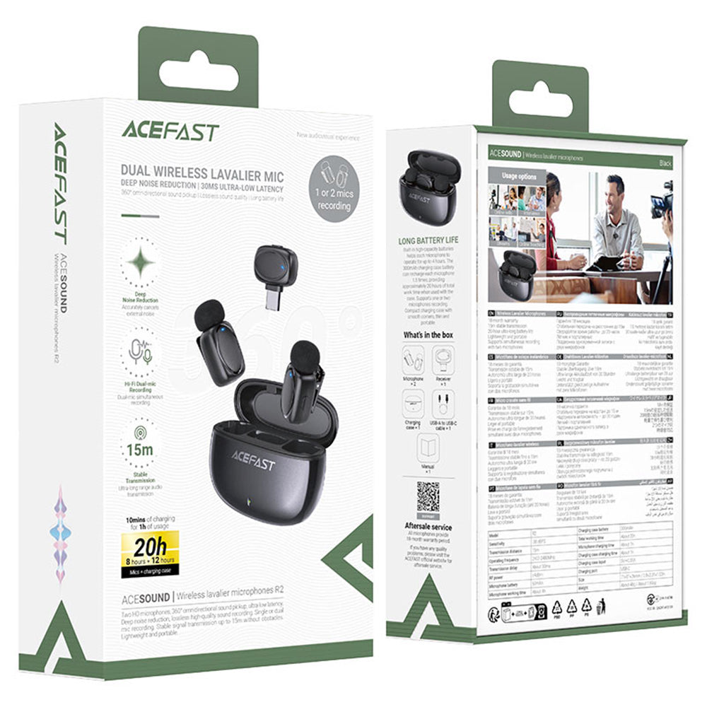 Lavalierimikrofoni Acefast R2, USB-C, 2 kappaleen setti, Musta