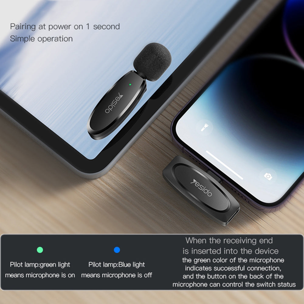 Yesido KR15 -mikrofoni, USB-C / Lightning, 2 kappaleen setti, Musta