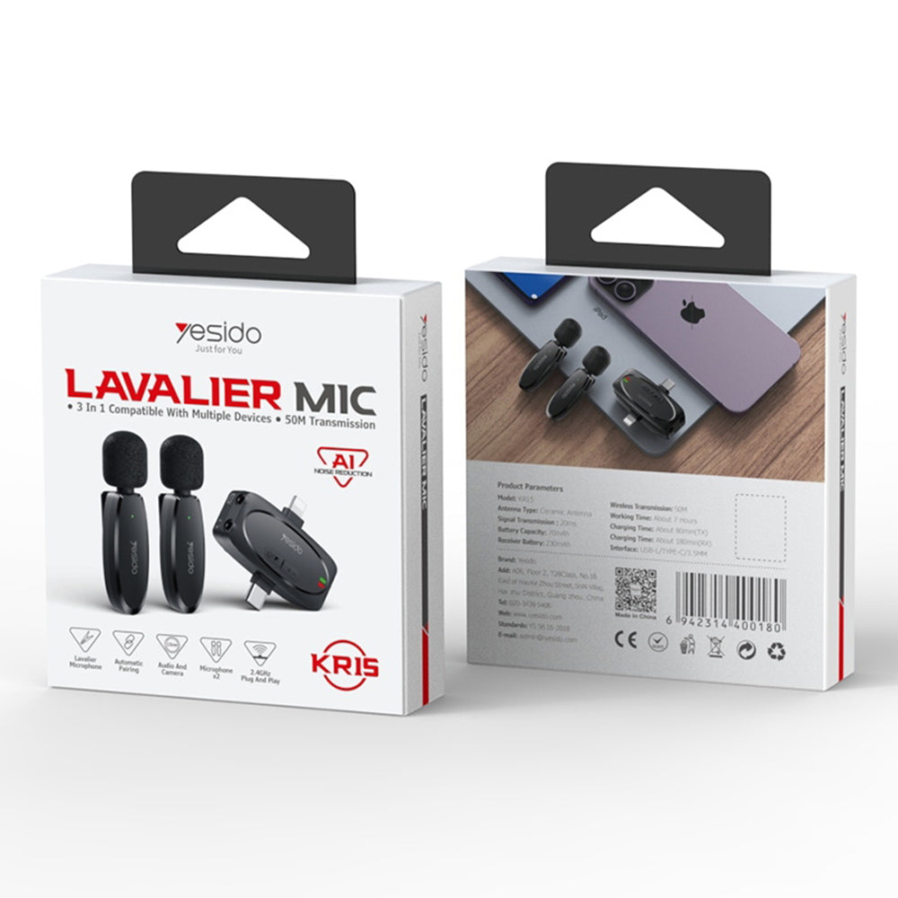 Yesido KR15 -mikrofoni, USB-C / Lightning, 2 kappaleen setti, Musta