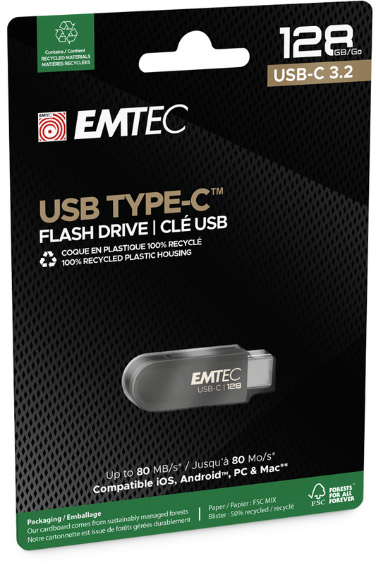 Ulkoinen USB-C-muisti Emtec C280 Single, 128 Gt ECMMD128GC2