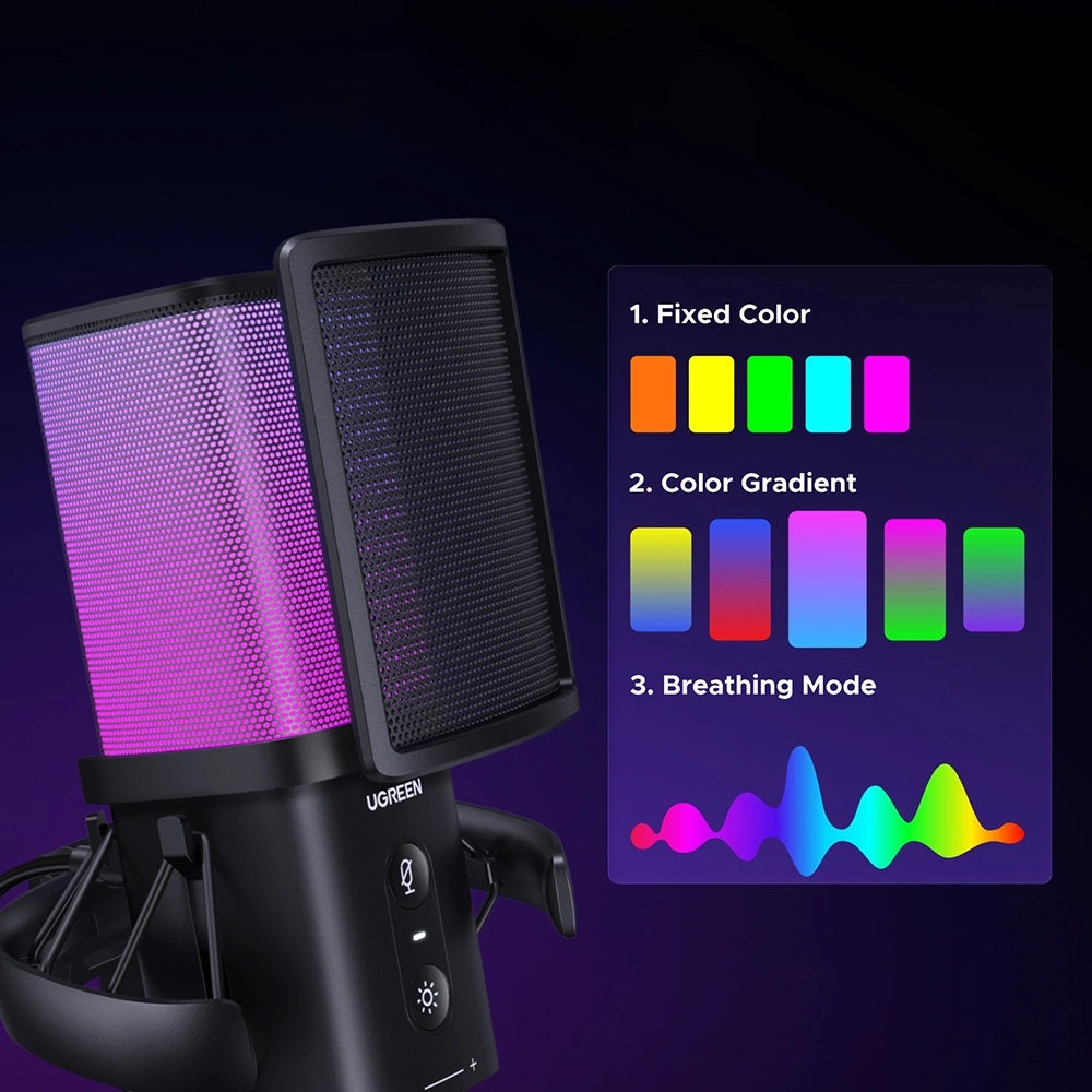 Kardioidimikrofoni UGREEN CM581 (65629), RGB, USB-C, 1.5m, Musta