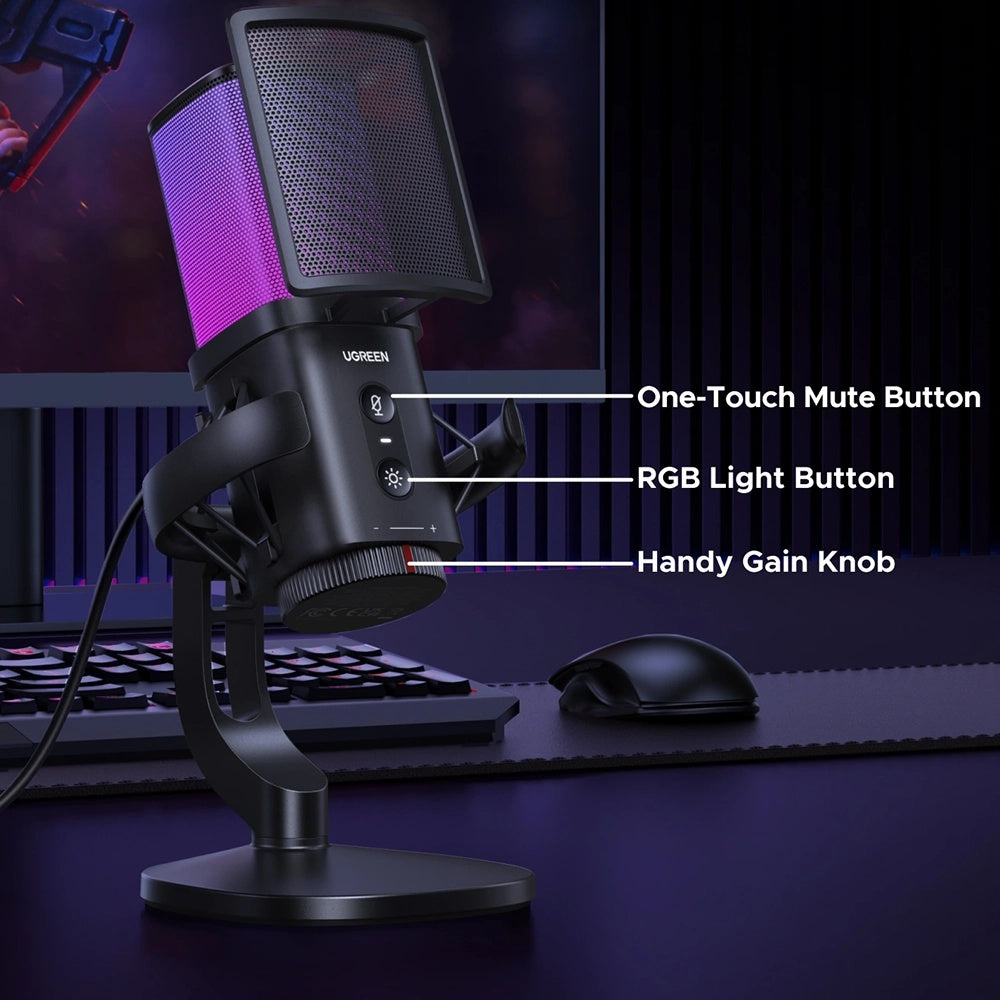 Kardioidimikrofoni UGREEN CM581 (65629), RGB, USB-C, 1.5m, Musta