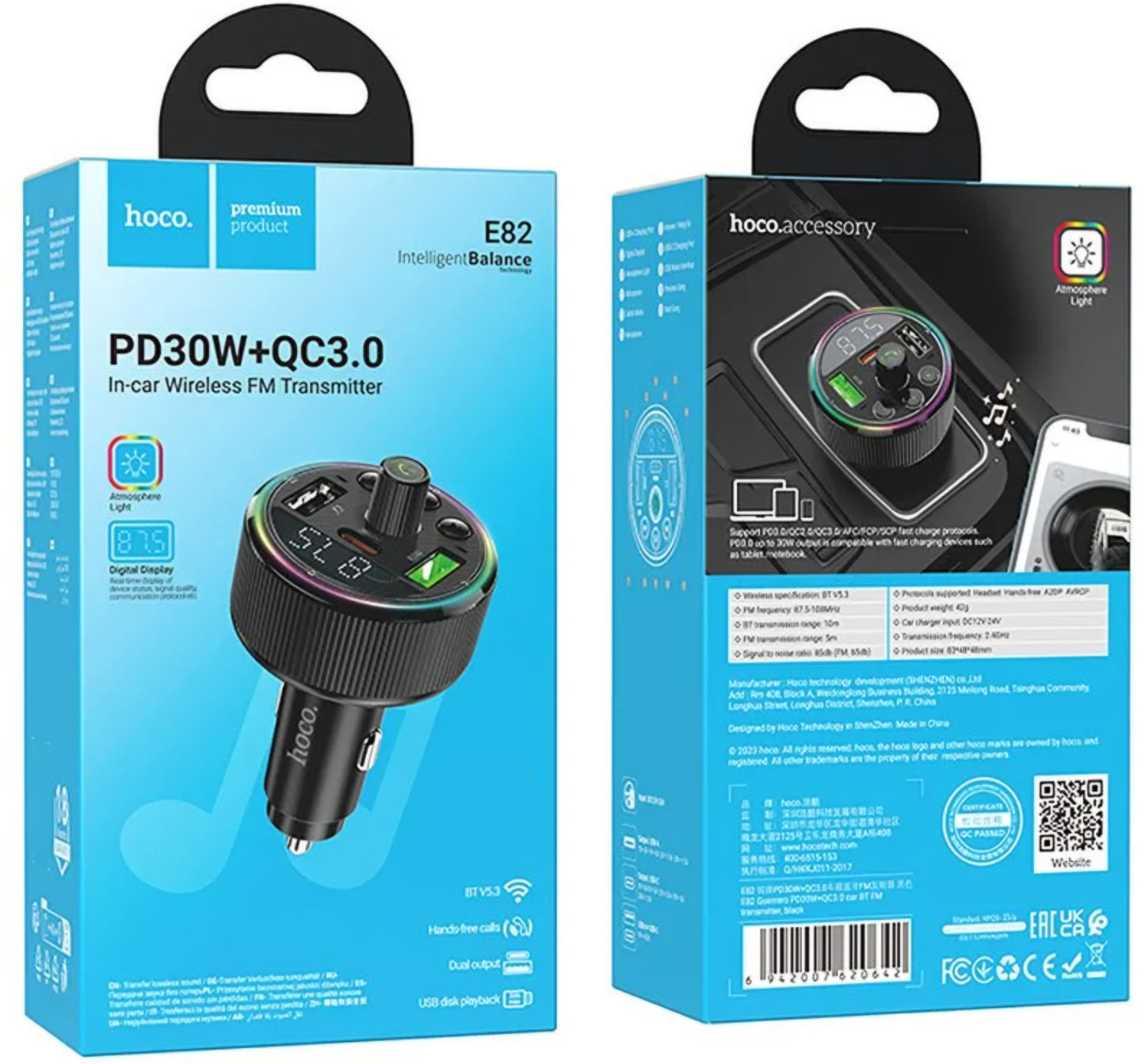 FM Bluetooth -modulaattori HOCO E82, 2 x USB-A - 1 x USB-C