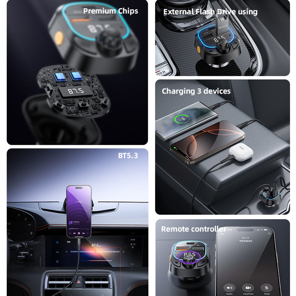 FM Bluetooth -modulaattori Yesido Y70, 2 x USB-A - 1 x USB-C
