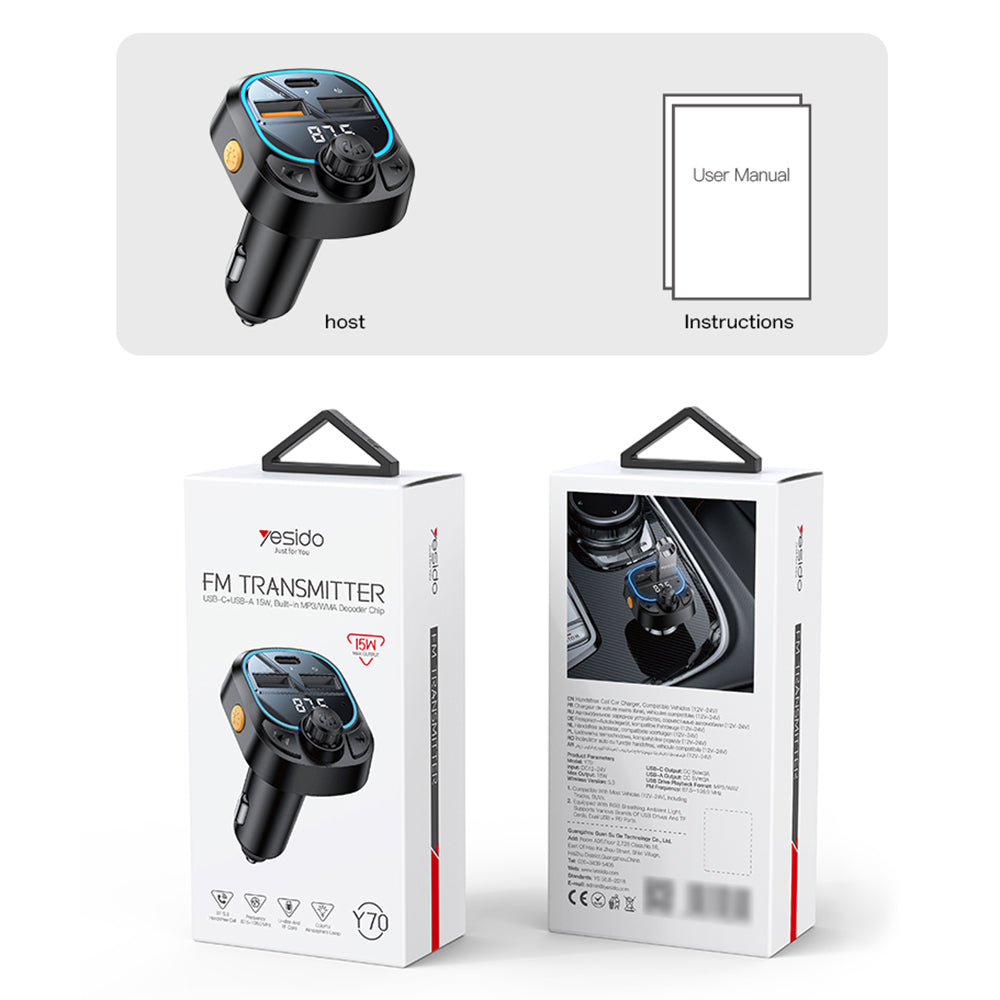 FM Bluetooth -modulaattori Yesido Y70, 2 x USB-A - 1 x USB-C