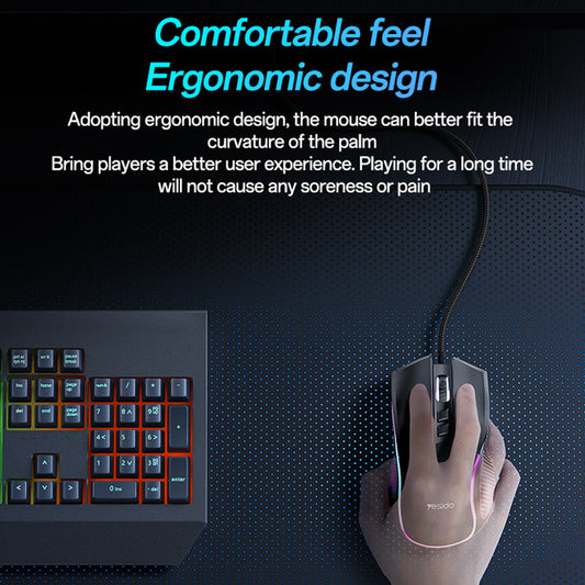 Pelihiiri Wired USB Yesido KB20, RGB, 1000DPI - 7200DPI, Musta