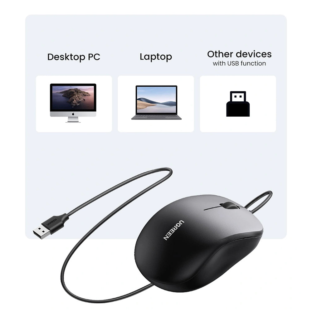 UGREEN MU007 langallinen USB-hiiri, 1200DPI, 1.5m, musta