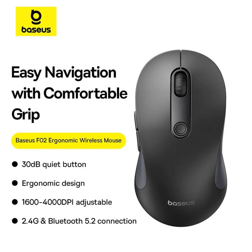Baseus F02 langaton hiiri, 4000DPI, BT / Wi-Fi, musta B010555555505111-01
