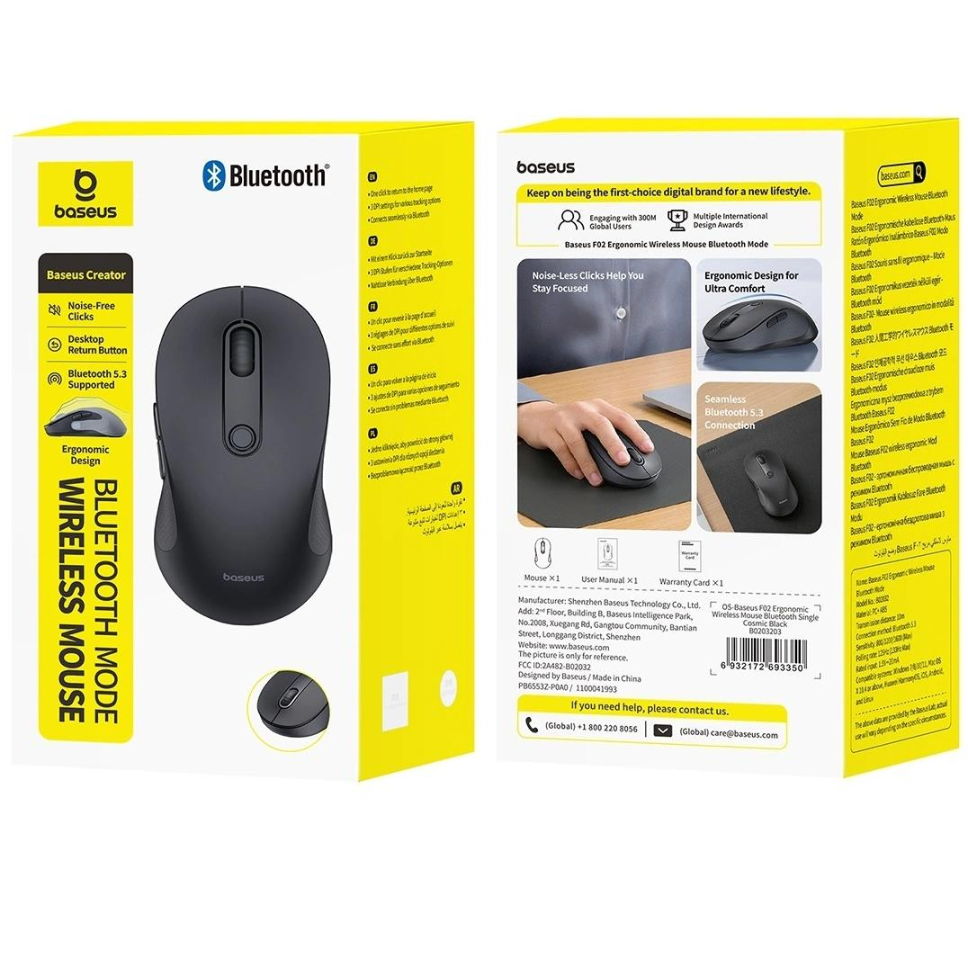 Langaton hiiri Baseus F02, 1600DPI, BT, Musta B0203203