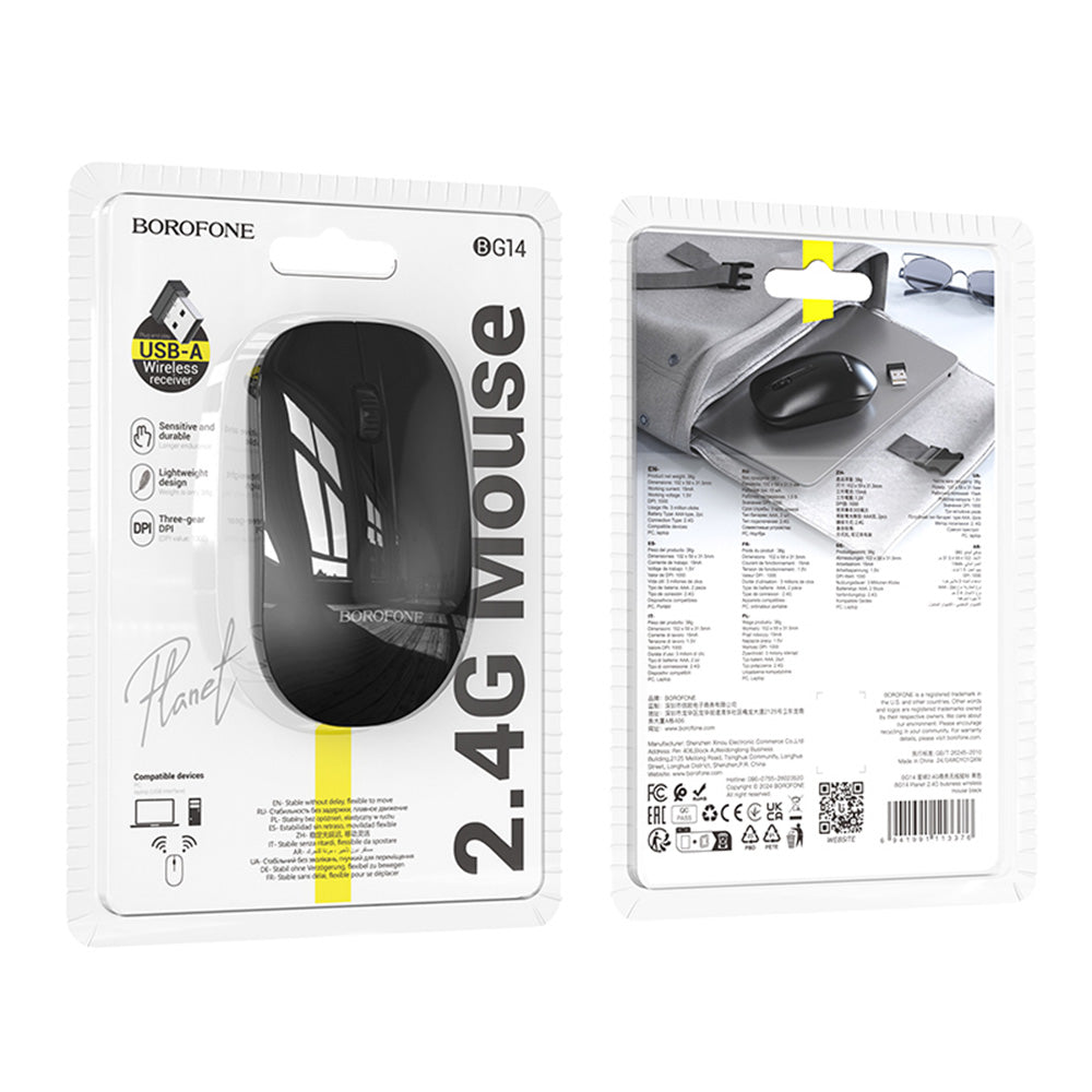Langaton hiiri Borofone BG14 Planet, 1000DPI, BT / Wi-Fi, Musta