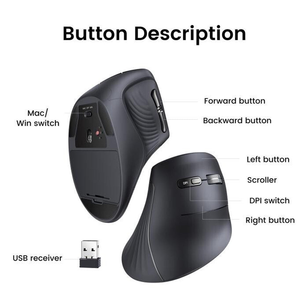 Langaton hiiri UGREEN MU008, 4000DPI, BT / Wi-Fi, Musta