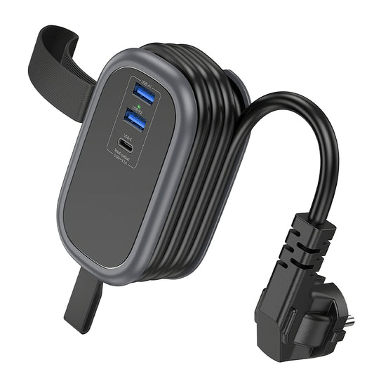 Jatkojohto HOCO NS6, 12W, 2.4A, 2 x USB-A - 1 x USB-C - 1 x Schuko, musta