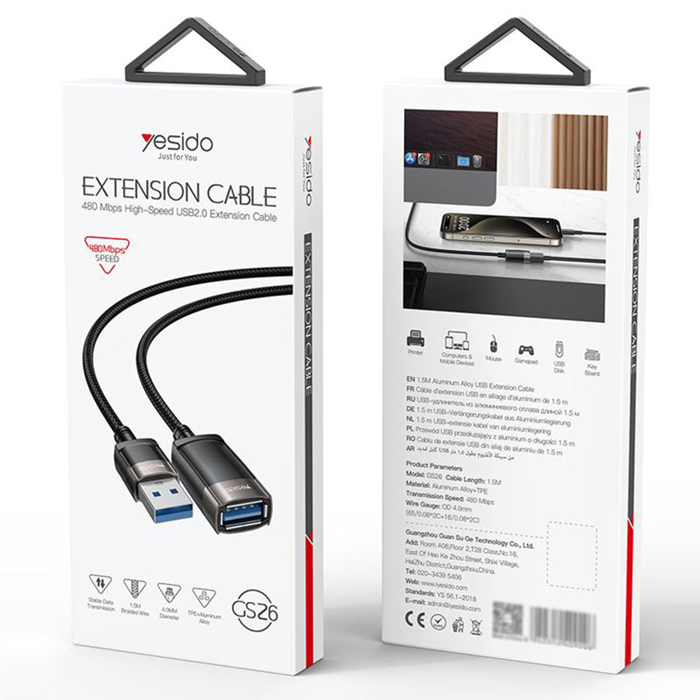 USB-jatkokaapeli Yesido GS26, 1.5m, Harmaa