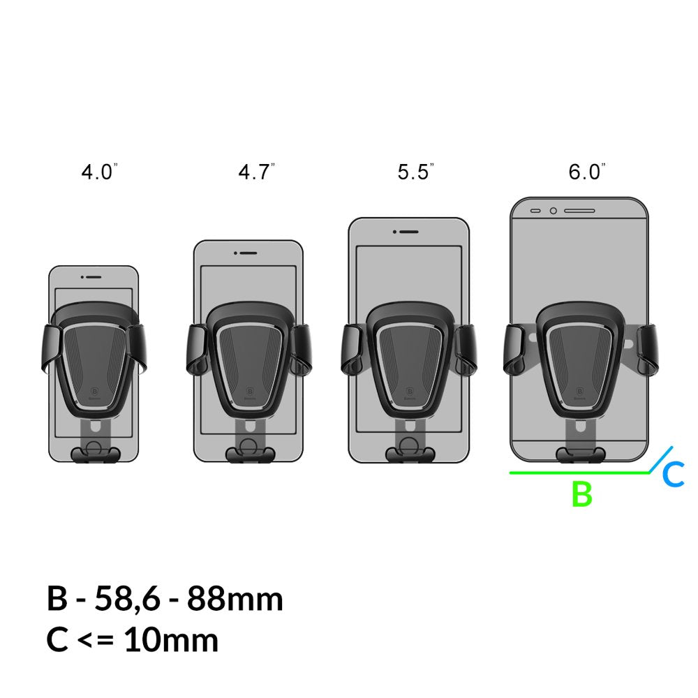 Baseus Air Vent Gravity Car Mount, 4 tuumaa - 6 tuumaa, musta SUYL-01