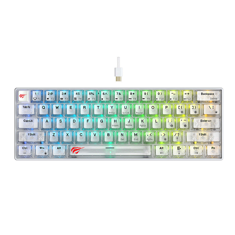 Pelaamiseen tarkoitettu langallinen USB-näppäimistö HAVIT KB903L, RGB, 1,8 m, läpinäkyvä valkoinen