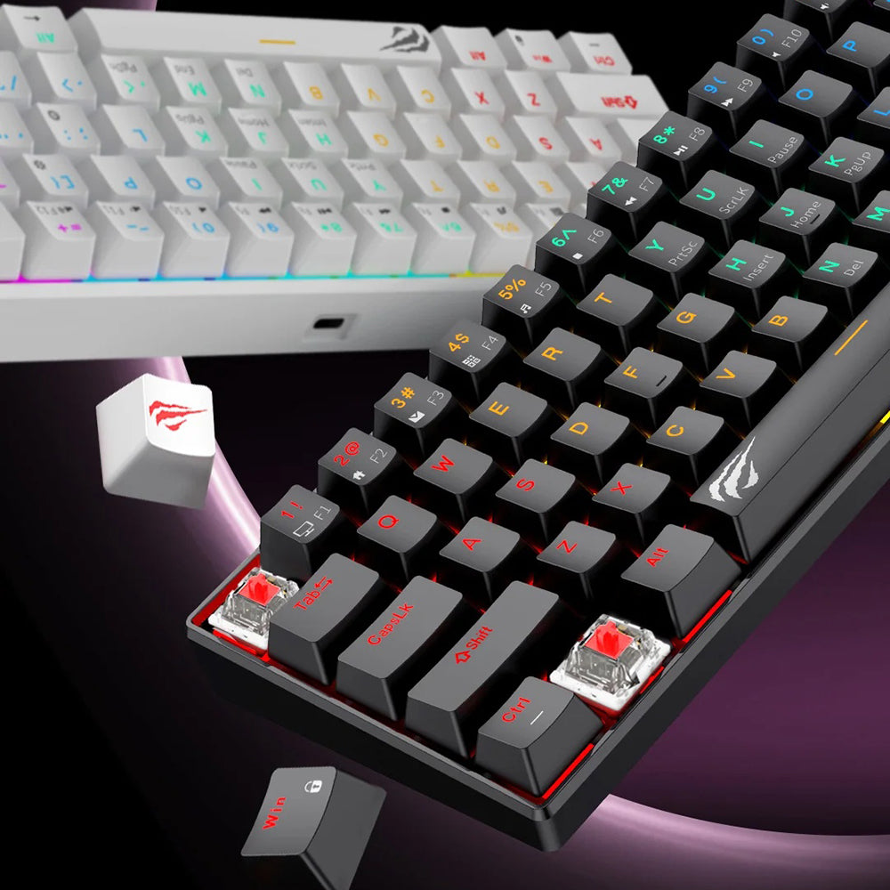 Pelaamiseen tarkoitettu langallinen USB-näppäimistö HAVIT KB903L, RGB, 1,8 m, läpinäkyvä valkoinen