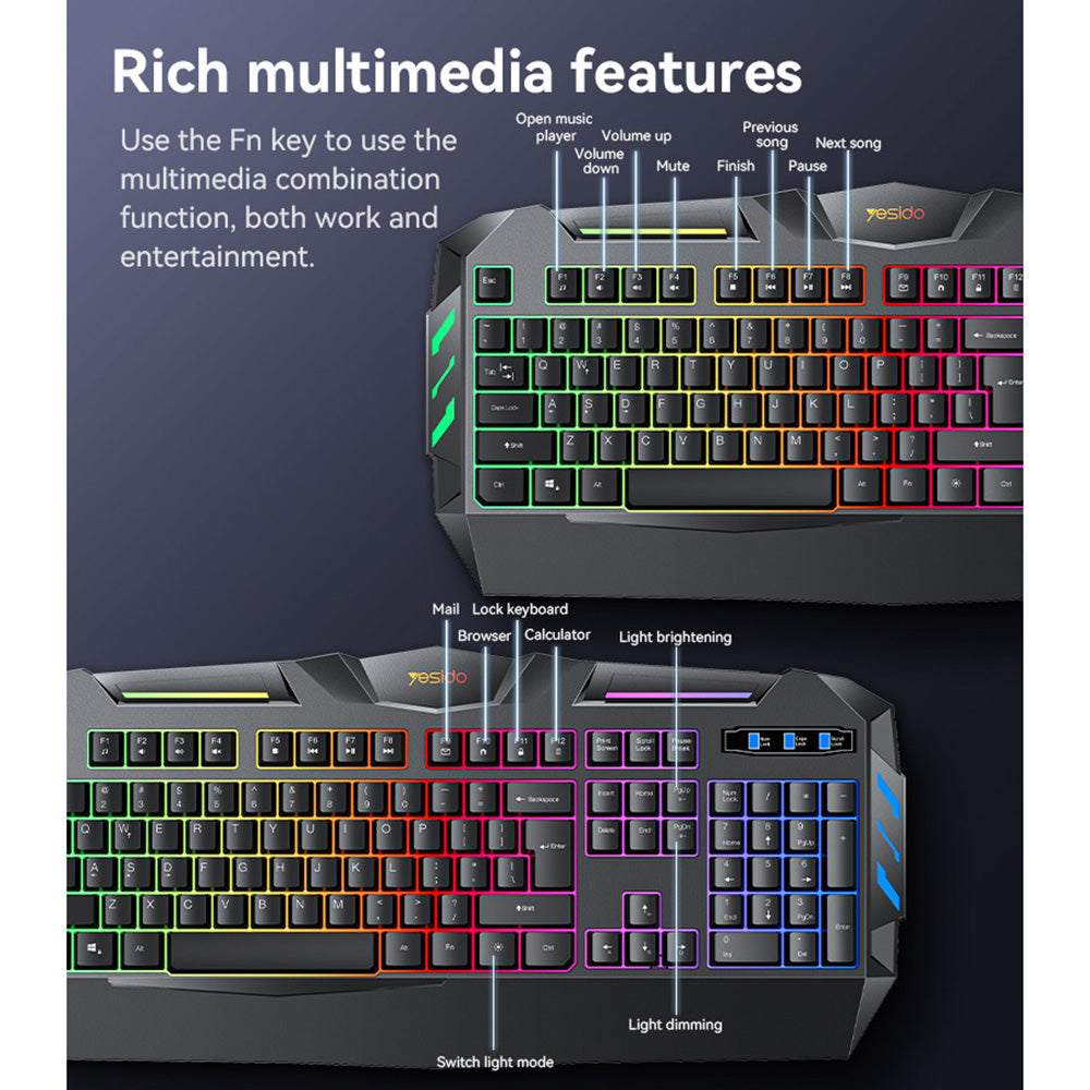 Langallinen pelinäppäimistö USB Yesido KB21, RGB, 1,5 m, Musta