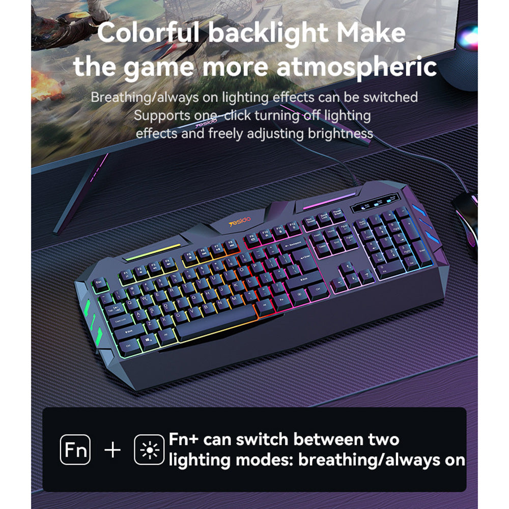 Langallinen pelinäppäimistö USB Yesido KB21, RGB, 1,5 m, Musta