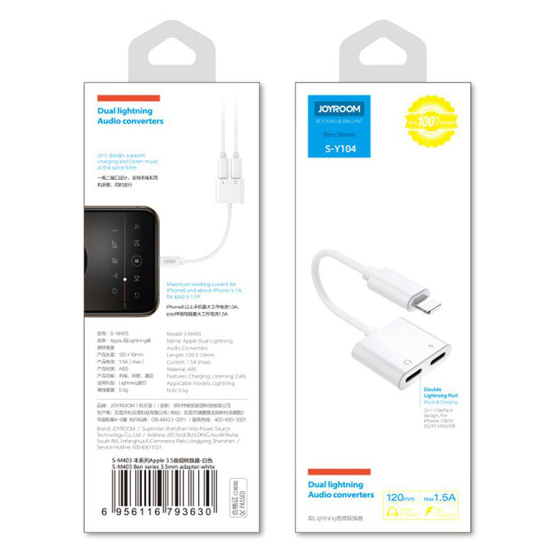 Audioadapteri Lightning - 2 x Lightning Joyroom S-Y104, Valkoinen