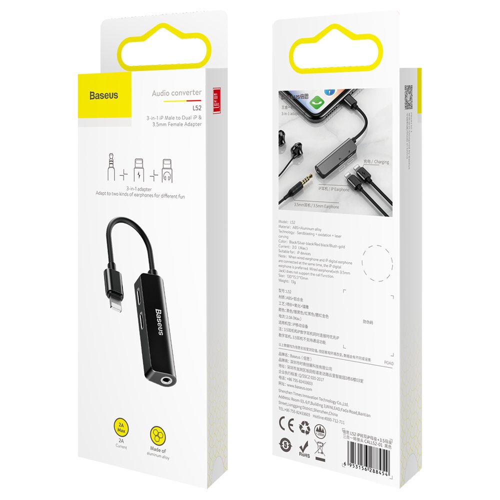 Audioadapteri Lightning - Lightning / 3.5mm Baseus L52, Musta CALL52-01