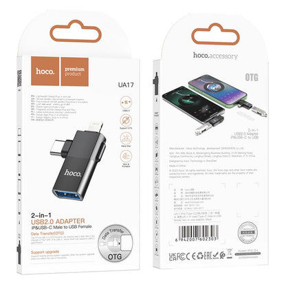 OTG-sovitin USB-C / Lightning - USB-A HOCO UA17, Musta