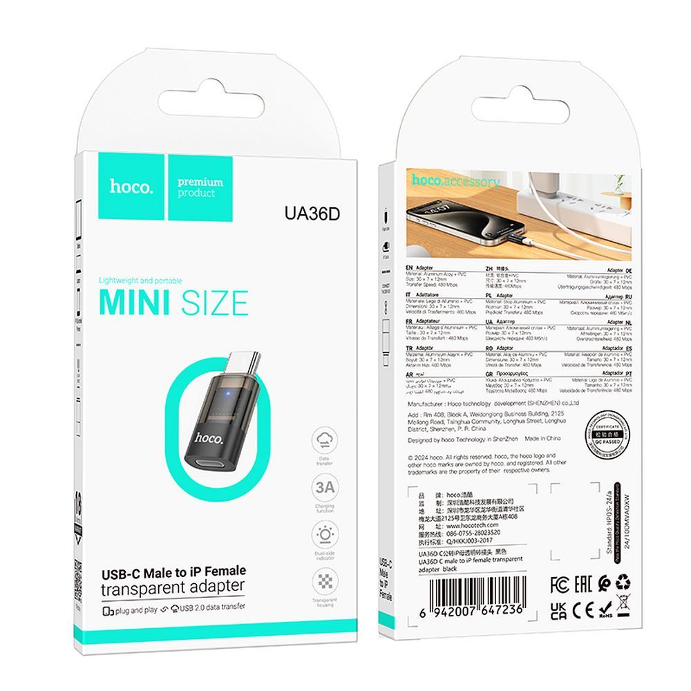 Lightning - USB-C -lataus- ja tiedonsiirtoadapteri HOCO UA36D, Musta