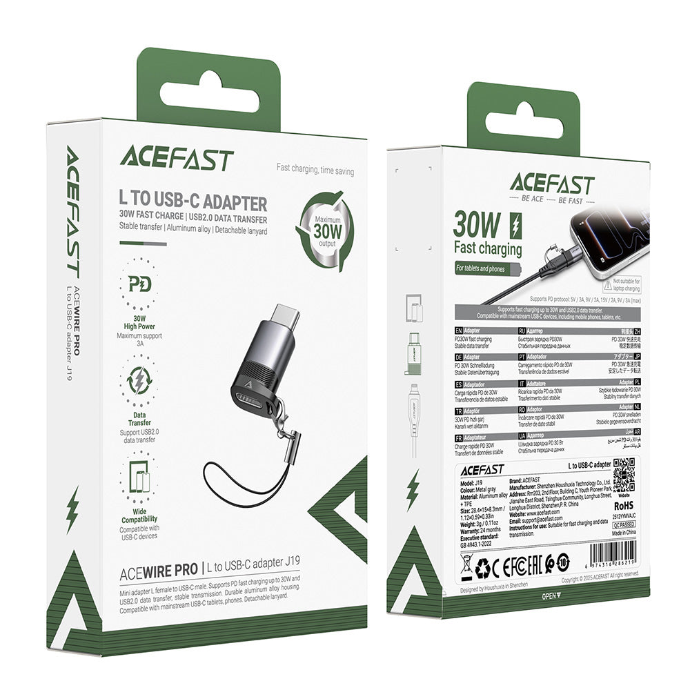 Data- ja latausadapteri Lightning - USB-C Acefast J19, Harmaa