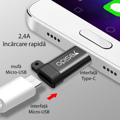 MicroUSB - USB-C -datasiirtolaite ja laturi Yesido GS04, Musta