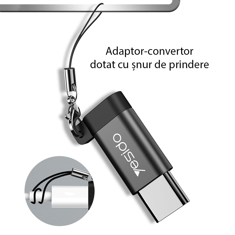 MicroUSB - USB-C -datasiirtolaite ja laturi Yesido GS04, Musta