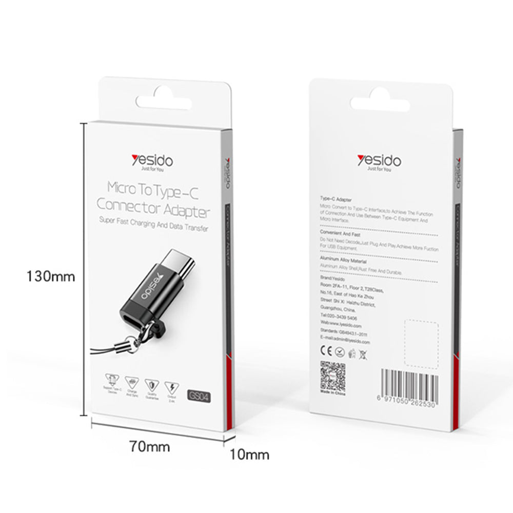 MicroUSB - USB-C -datasiirtolaite ja laturi Yesido GS04, Musta