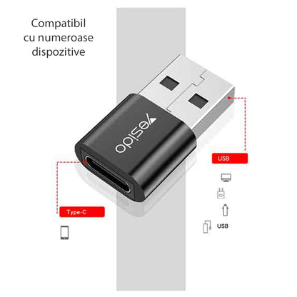 USB-C - USB-A Yesido GS09 -datan ja latauksen sovitin, Musta