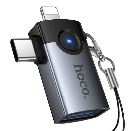 OTG-sovitin Lightning / USB-C - USB-A HOCO UA46D, Harmaa