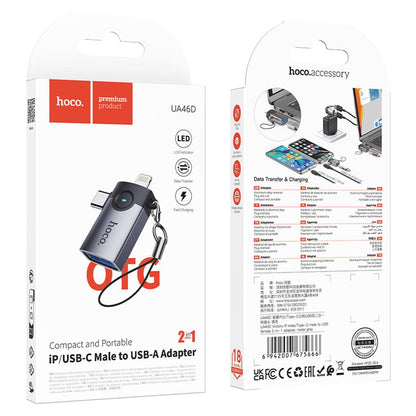 OTG-sovitin Lightning / USB-C - USB-A HOCO UA46D, Harmaa