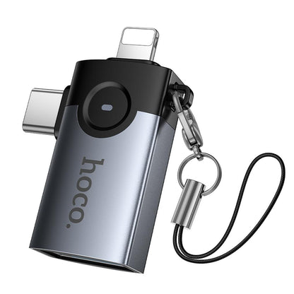 OTG-sovitin Lightning / USB-C - USB-A HOCO UA46D, Harmaa