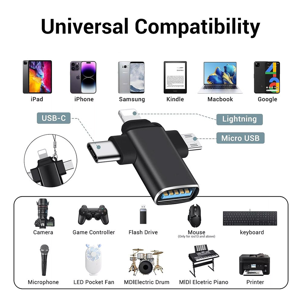 OTG-sovitin Lightning / microUSB / USB-C - USB-A Techsuit A17 SoundVoltX, Musta