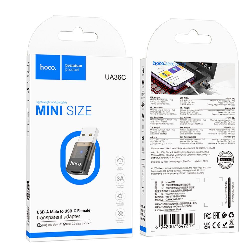 USB-C - USB-A HOCO UA36C -datan ja latauksen sovitin, Musta