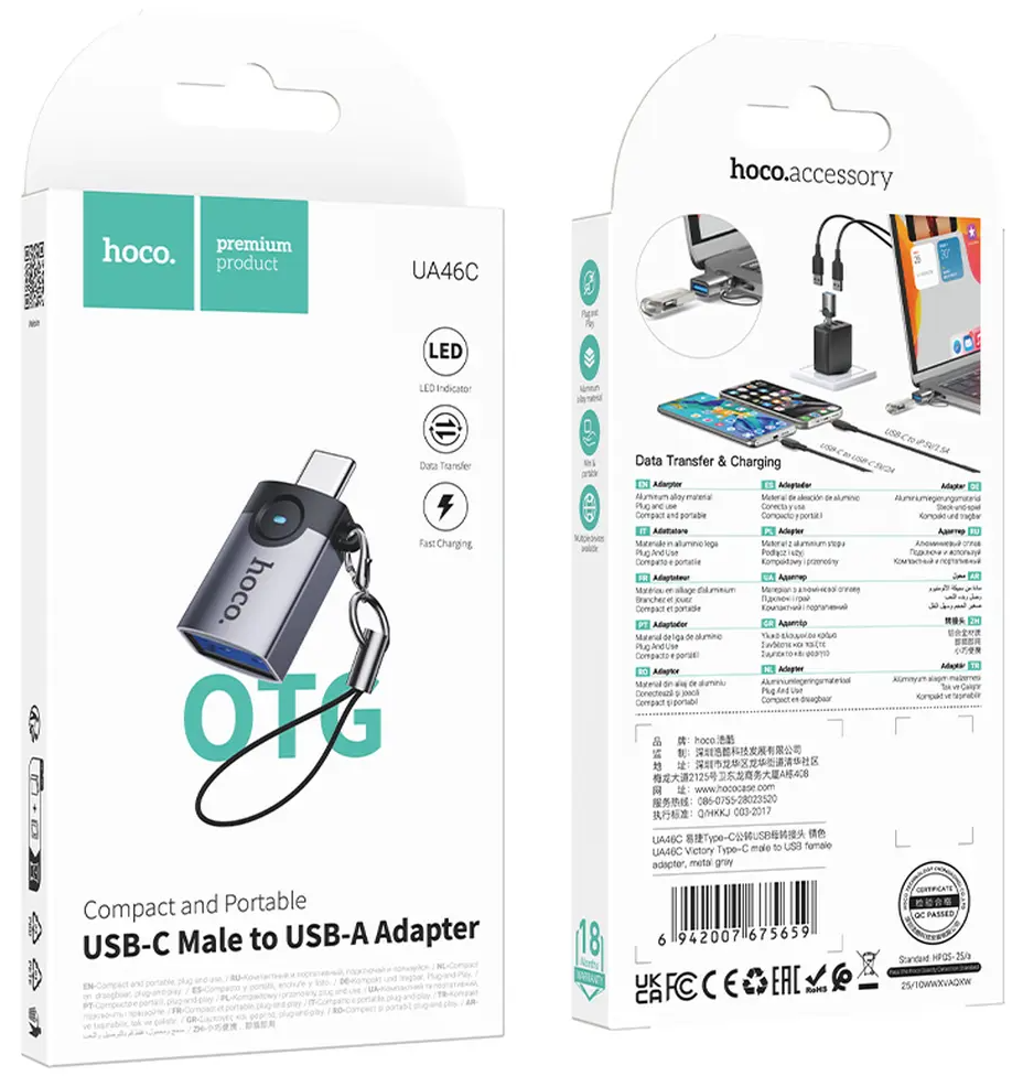 OTG-sovitin USB-C - USB-A HOCO UA46C, Harmaa