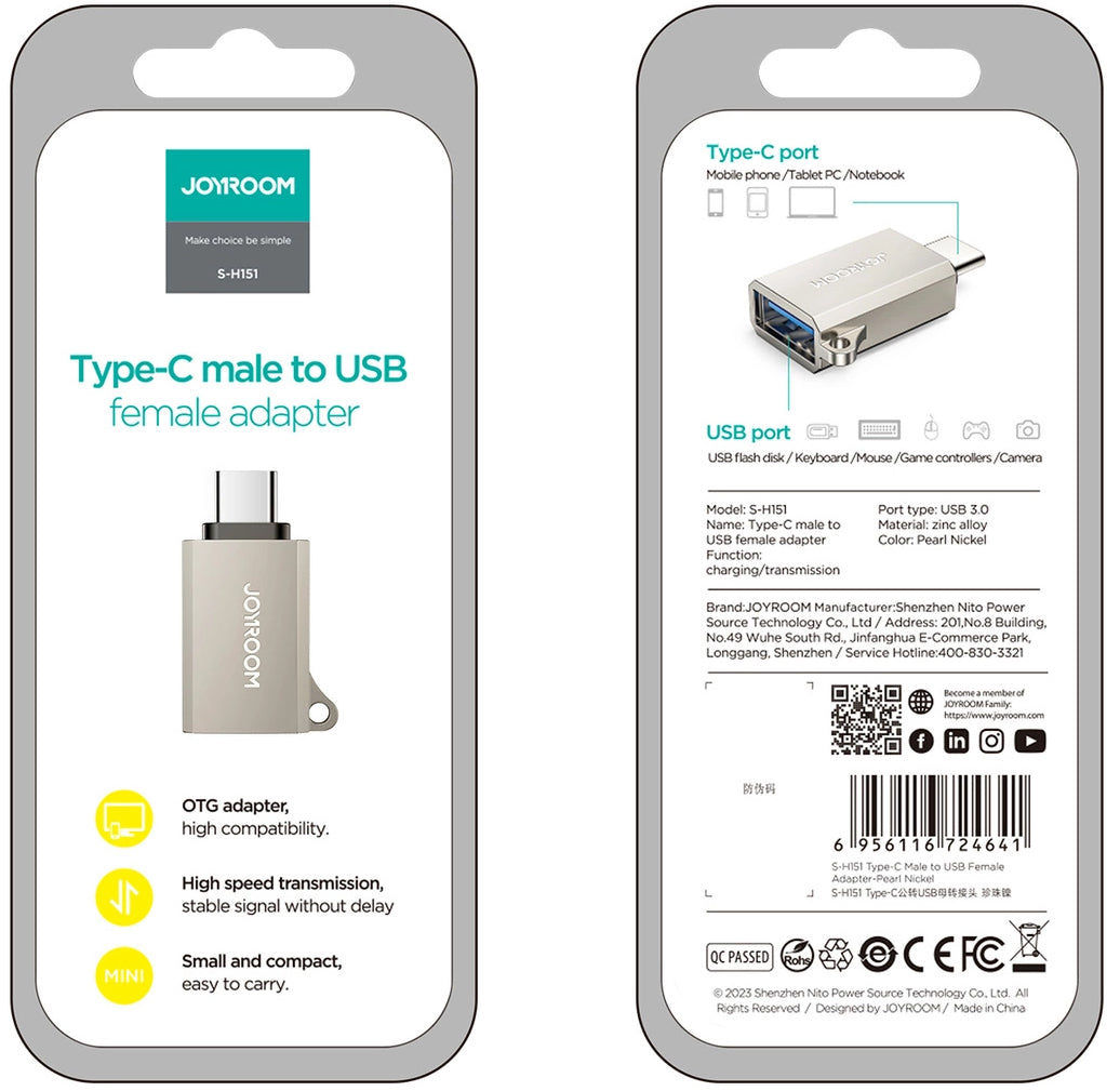 OTG-sovitin USB-C - USB-A Joyroom S-H151, Hopea