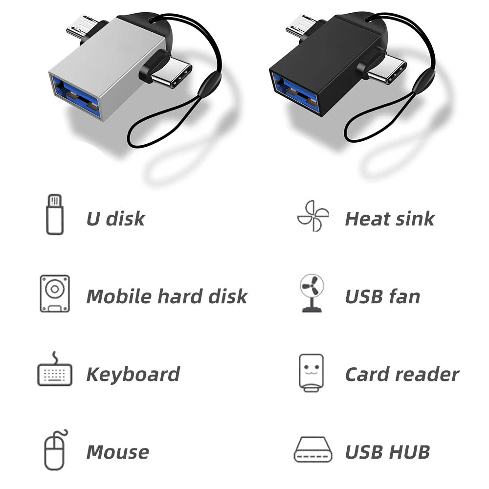 OTG-sovitin microUSB / USB-C - USB-A Techsuit A15 AluCoreX, Musta