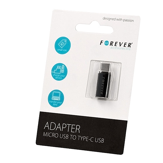MicroUSB-tietojen ja latauksen sovitin - USB-C Forever, musta