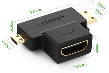 UGREEN HD129 Videoadapteri, miniHDMI / microHDMI - HDMI, 1080P, Musta