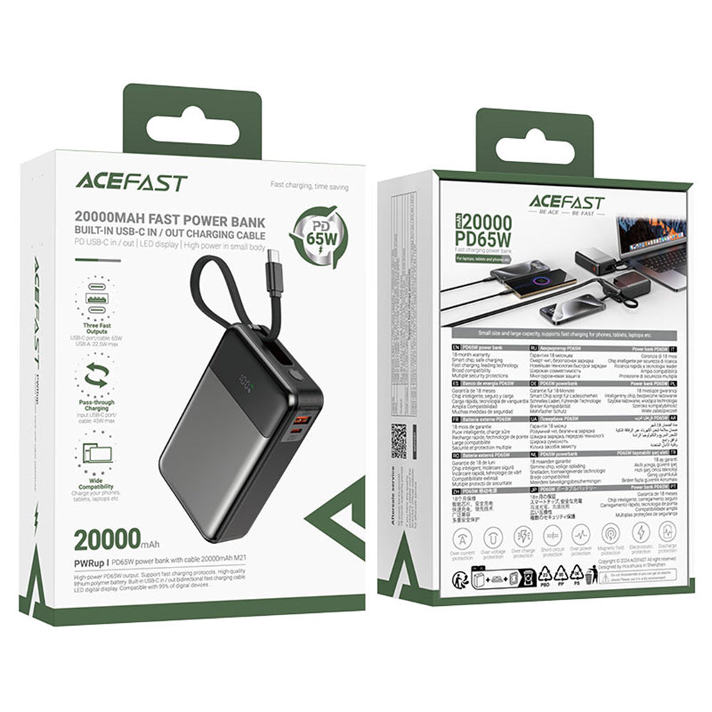 Ulkoinen akku Acefast M21, 20000mAh, 65W, QC + PD, 1 x USB-A - 2 x USB-C, Musta