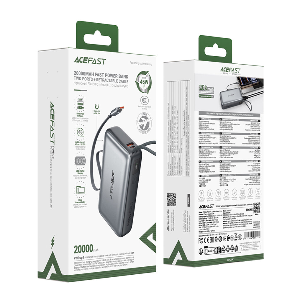 Ulkoinen akku Acefast M34, 20000mAh, 45W, QC + PD, 1 x USB-A - 2 x USB-C, Harmaa