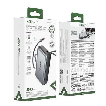 Ulkoinen akku Acefast M34, 20000mAh, 45W, QC + PD, 1 x USB-A - 2 x USB-C, Harmaa