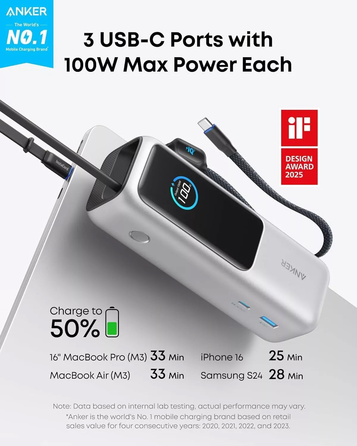 Ankerin ulkoinen akku, 25000mAh, 165W, QC + PD, 1 x USB-A - 3 x USB-C, Hopea A1695H41
