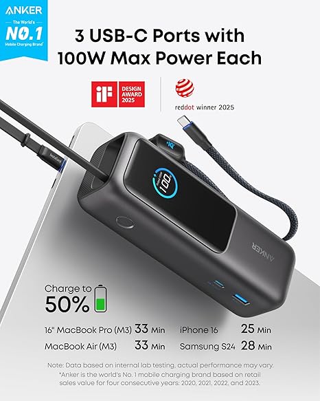 Ankerin ulkoinen akku, 25000mAh, 165W, QC + PD, 1 x USB-A - 3 x USB-C, Harmaa A1695H11