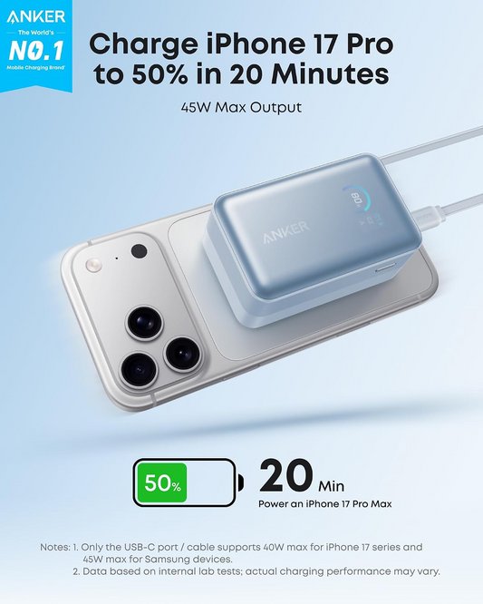 Anker Nano Ulkoinen Akku, 10000mAh, 45W, QC + PD, 1 x USB-A - 2 x USB-C, Sininen