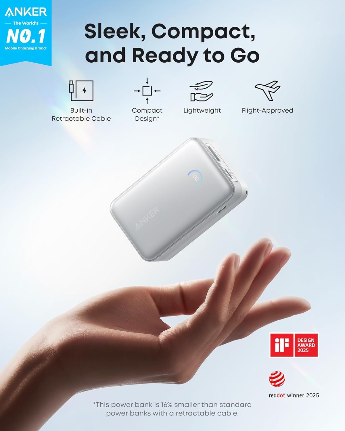 Anker Nano External Battery, 10000mAh, 45W, QC + PD, 1 x USB-A - 1 x USB-C, White A1638H21